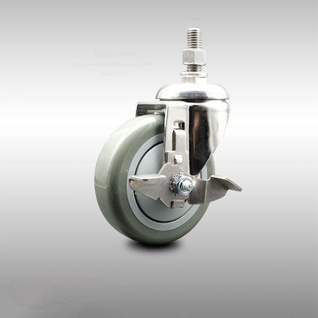 Service Caster 4 Inch 316SS Gray Polyurethane Swivel 3/8 Inch Threaded Stem Caster with Brake SCC-SS316TS20S414-PPUB-TLB-381615